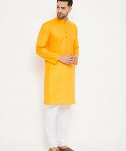 VASTRAMAY Men's Orange And White Cotton Kurta Churidar Set