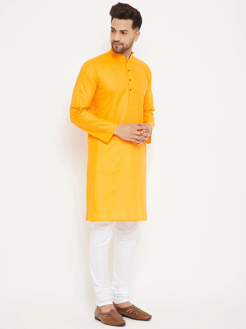 VASTRAMAY Men's Orange And White Cotton Kurta Churidar Set 4 VASTRAMAY Men's Orange And White Cotton Kurta Churidar Set