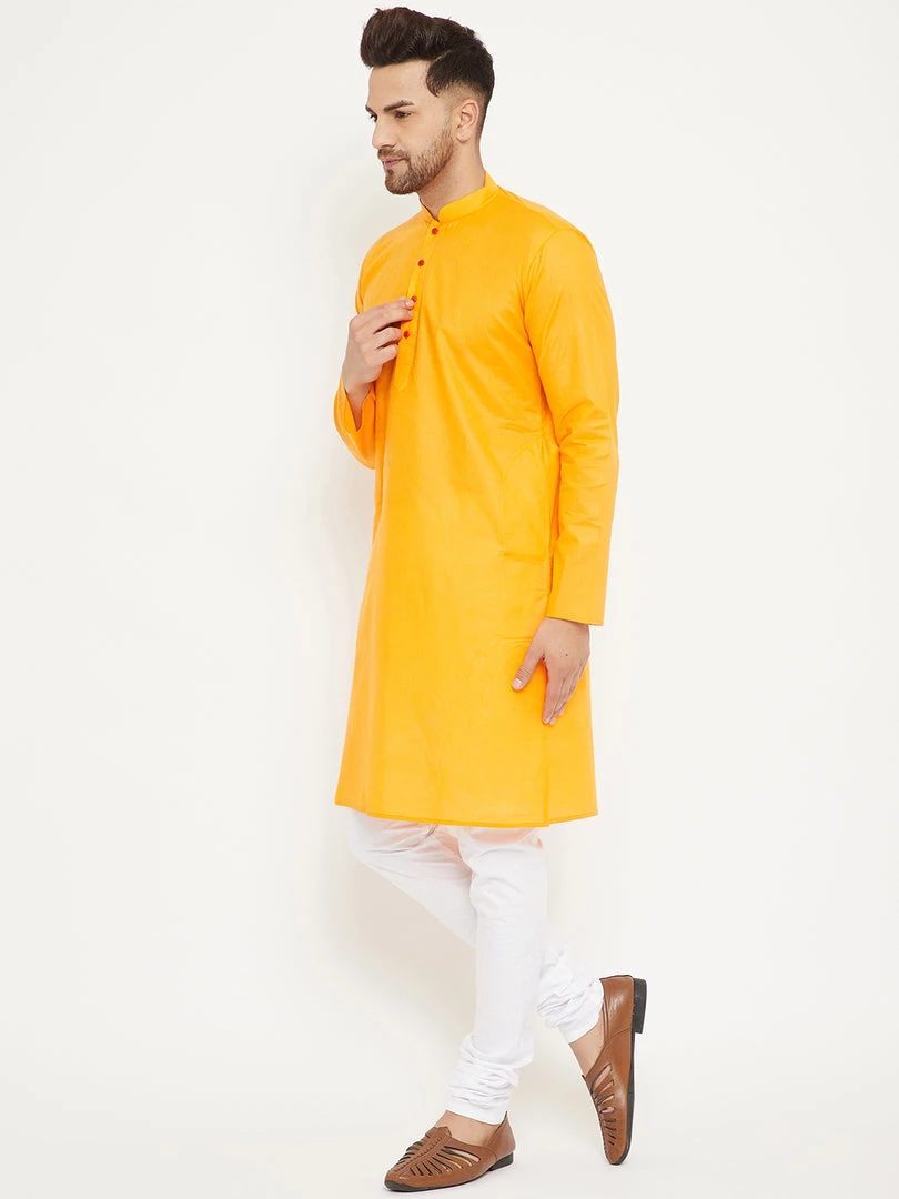 VASTRAMAY Men's Orange And White Cotton Kurta Churidar Set 6 VASTRAMAY Men's Orange And White Cotton Kurta Churidar Set