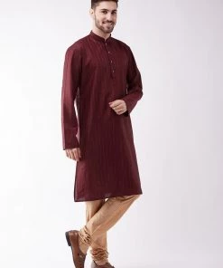 VASTRAMAY Men's Maroon And Rose Gold Cotton Blend Kurta Pyjama Set