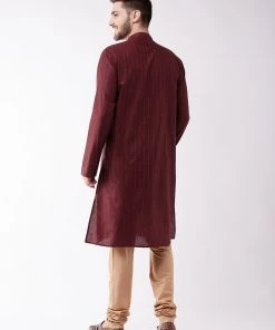 VASTRAMAY Men's Maroon And Rose Gold Cotton Blend Kurta Pyjama Set