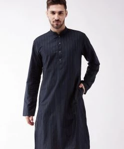 VASTRAMAY Men's Navy Blue Cotton Blend Kurta