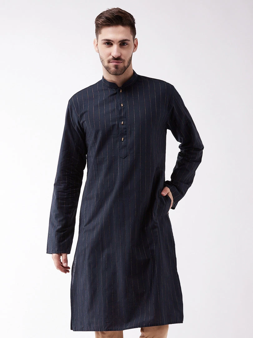 VASTRAMAY Men's Navy Blue Cotton Blend Kurta 3 VASTRAMAY Men's Navy Blue Cotton Blend Kurta