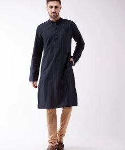 Vastramay Men's Navy Blue And Rose Gold Cotton Blend Kurta Pyjama Set