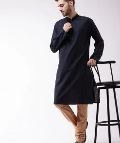 Vastramay Men's Navy Blue And Rose Gold Cotton Blend Kurta Pyjama Set