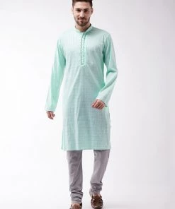 Vastramay Men's Aqua Blue And Grey Cotton Blend Kurta Pyjama Set