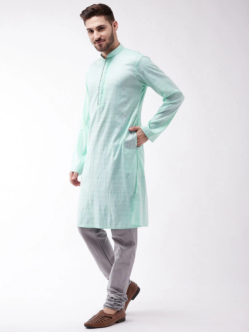 Vastramay Men's Aqua Blue And Grey Cotton Blend Kurta Pyjama Set 4 Vastramay Men's Aqua Blue And Grey Cotton Blend Kurta Pyjama Set