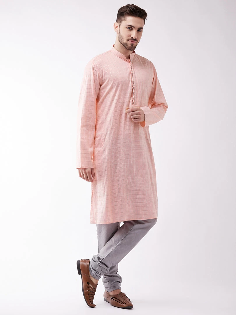 Vastramay Men's Pink And Grey Cotton Blend Kurta Pyjama Set 4 Vastramay Men's Pink And Grey Cotton Blend Kurta Pyjama Set