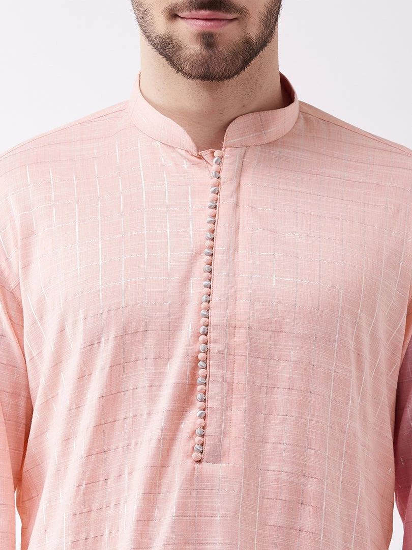 Vastramay Men's Pink And Grey Cotton Blend Kurta Pyjama Set 6 Vastramay Men's Pink And Grey Cotton Blend Kurta Pyjama Set