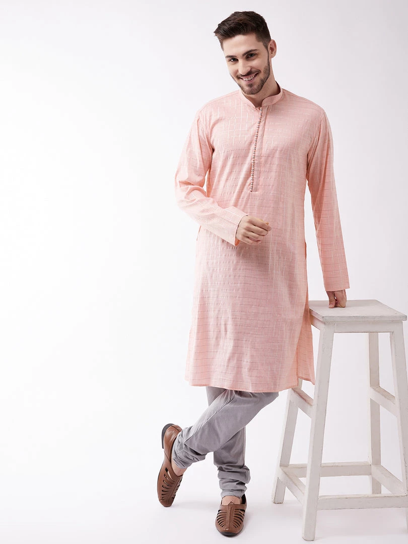 Vastramay Men's Pink And Grey Cotton Blend Kurta Pyjama Set 8 Vastramay Men's Pink And Grey Cotton Blend Kurta Pyjama Set