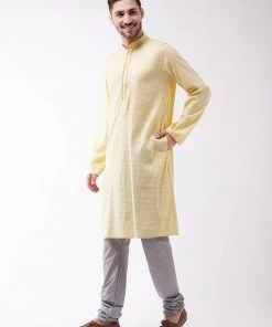 VASTRAMAY Men's Yellow And Grey Cotton Blend Kurta Pyjama Set