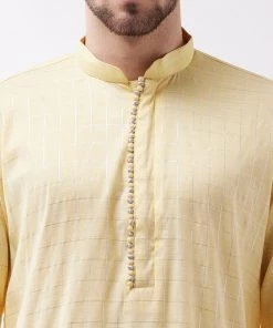 VASTRAMAY Men's Yellow And Grey Cotton Blend Kurta Pyjama Set