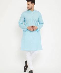 VASTRAMAY Men's Aqua Cotton Blend Kurta 14 VASTRAMAY Men's Aqua Cotton Blend Kurta
