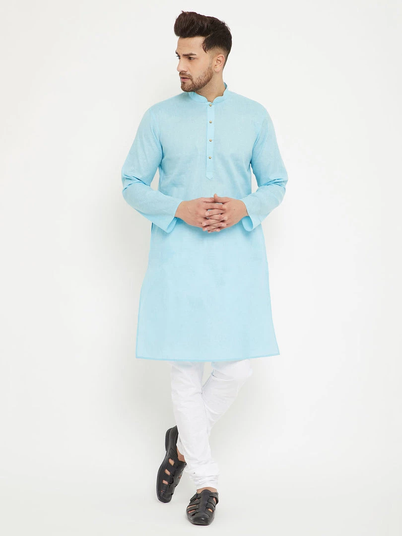 VASTRAMAY Men's Aqua Cotton Blend Kurta 8 VASTRAMAY Men's Aqua Cotton Blend Kurta