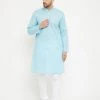 Vastramay Men's Aqua And White Cotton Blend Kurta Pyjama Set 1 Vastramay Men's Aqua And White Cotton Blend Kurta Pyjama Set