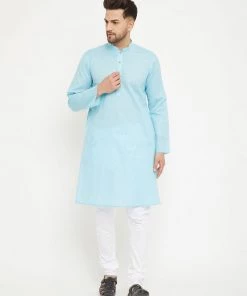 Vastramay Men's Aqua And White Cotton Blend Kurta Pyjama Set