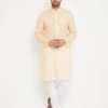 Vastramay Men's Cream And White Cotton Blend Kurta Pyjama Set