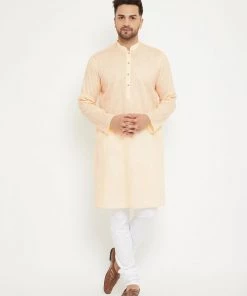 Vastramay Men's Cream And White Cotton Blend Kurta Pyjama Set