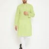 Vastramay Men's Green And White Cotton Blend Kurta Pyjama Set
