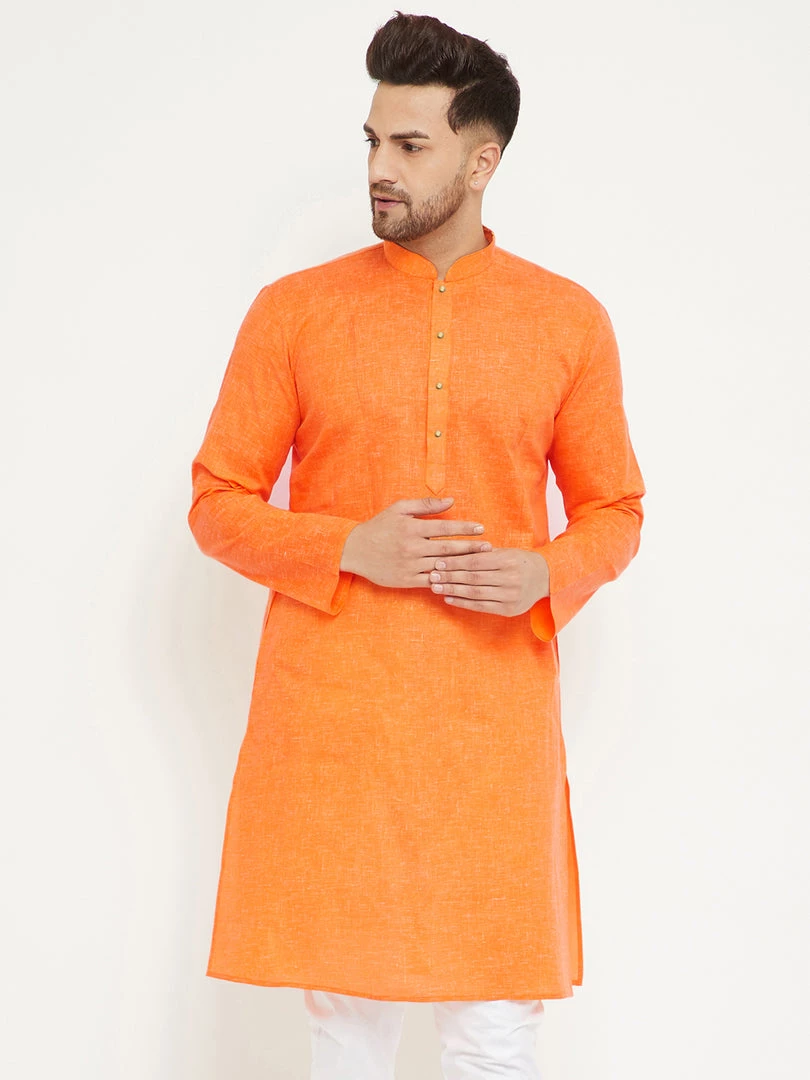 Vastramay Men's Orange Cotton Blend Kurta 3 Vastramay Men's Orange Cotton Blend Kurta