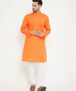 Vastramay Men's Orange And White Cotton Blend Kurta Pyjama Set Kurta Sets