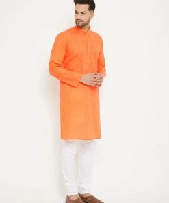 Vastramay Men's Orange And White Cotton Blend Kurta Pyjama Set Kurta Sets