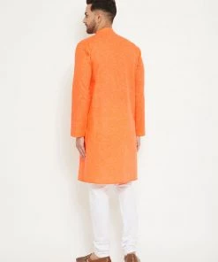 Vastramay Men's Orange And White Cotton Blend Kurta Pyjama Set Kurta Sets