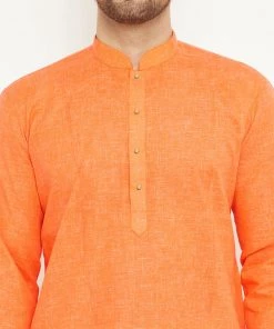 Vastramay Men's Orange And White Cotton Blend Kurta Pyjama Set Kurta Sets