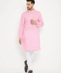 Vastramay Men's Pink Cotton Blend Kurta