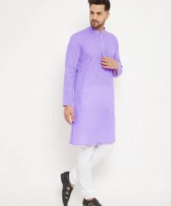 Vastramay Men's Purple And White Cotton Blend Kurta Pyjama Set