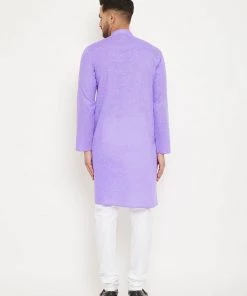 Vastramay Men's Purple And White Cotton Blend Kurta Pyjama Set
