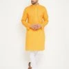 Vastramay Men's Yellow And White Cotton Blend Kurta Pyjama Set Kurta Sets