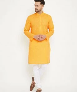 Kurta Pyjama Vastramay Yellow And White Baap Beta Kurta And Pyjama Set