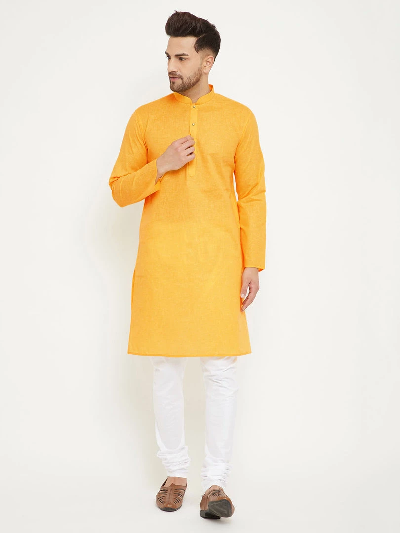 Vastramay Men's Yellow And White Cotton Blend Kurta Pyjama Set Kurta Sets 4 Vastramay Men's Yellow And White Cotton Blend Kurta Pyjama Set Kurta Sets