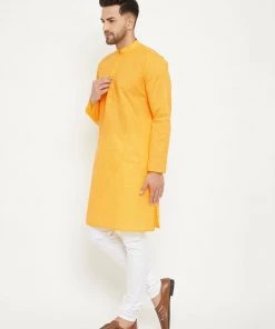 Vastramay Men's Yellow And White Cotton Blend Kurta Pyjama Set Kurta Sets 12 Vastramay Men's Yellow And White Cotton Blend Kurta Pyjama Set Kurta Sets