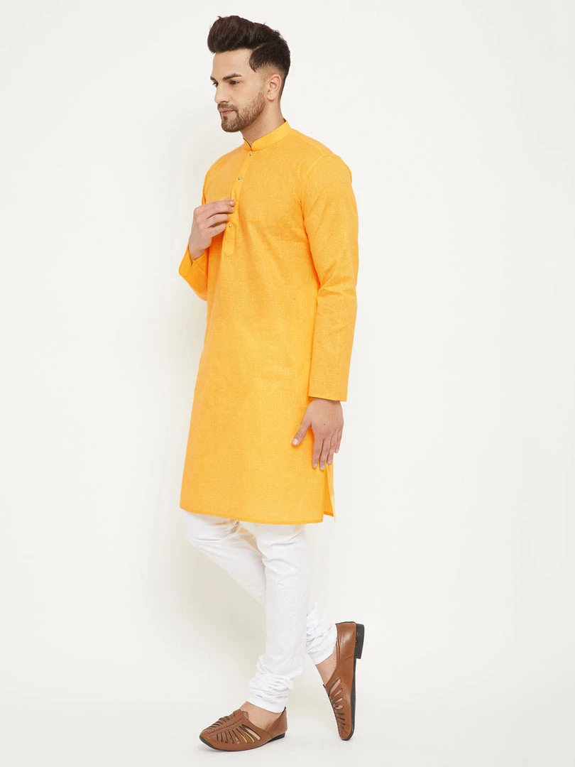Vastramay Men's Yellow And White Cotton Blend Kurta Pyjama Set Kurta Sets 5 Vastramay Men's Yellow And White Cotton Blend Kurta Pyjama Set Kurta Sets