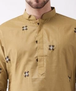 Vastramay Men's Chiku And Rose Gold Cotton Blend Kurta And Pyjama Set