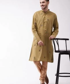 Vastramay Men's Chiku And Rose Gold Cotton Blend Kurta And Pyjama Set