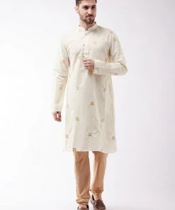 Vastramay Kurta Sets Men's Cream And Rose Gold Cotton Blend Kurta And Pyjama Set