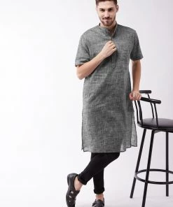 Vastramay Men's Solid Grey Pure Cotton Kurta