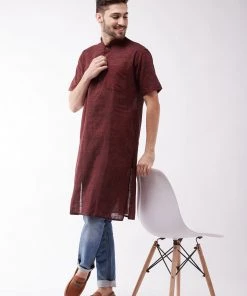 Vastramay Men's Solid Maroon Pure Cotton Kurta