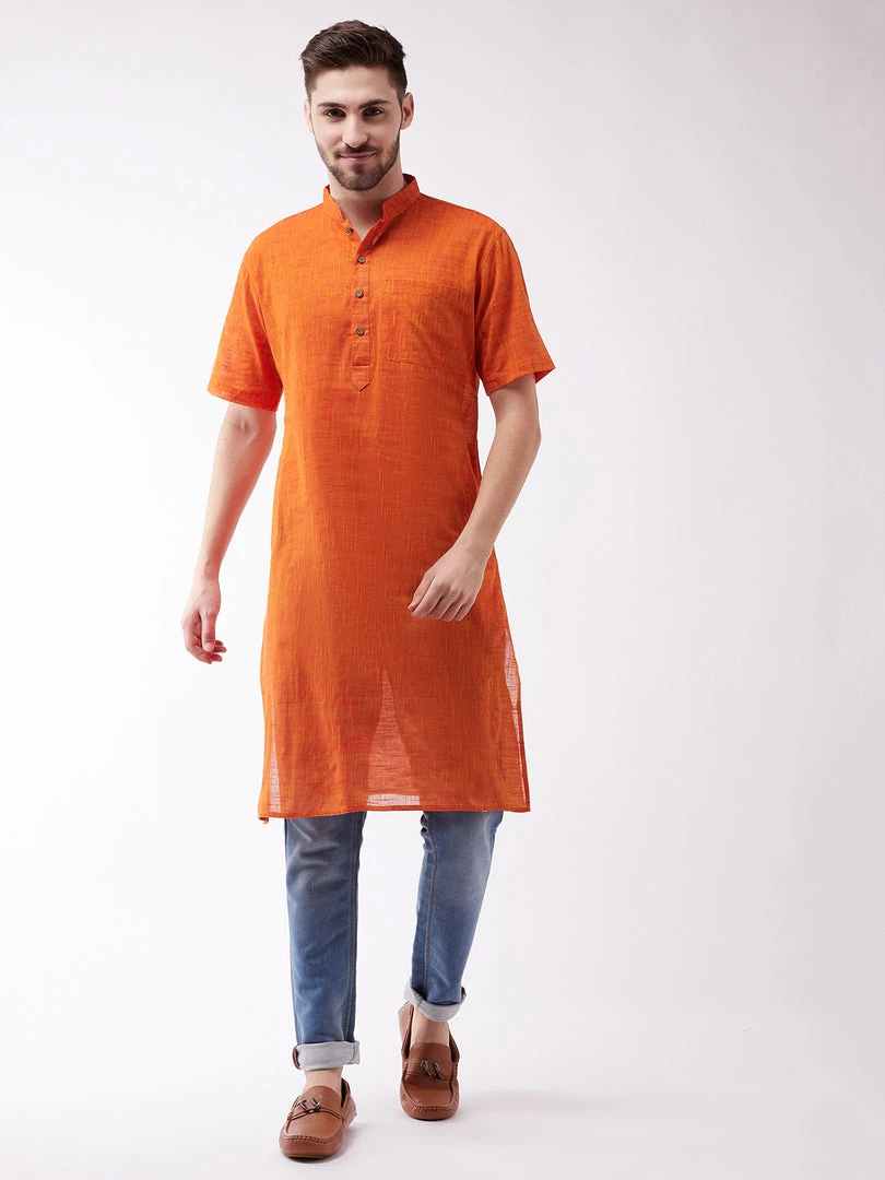Vastramay Men's Solid Orange Pure Cotton Kurta 3 Vastramay Men's Solid Orange Pure Cotton Kurta