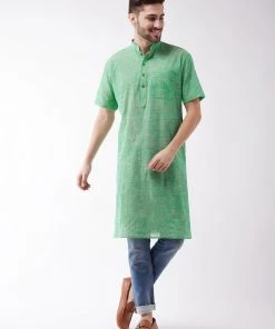 Vastramay Men's Solid Parrot Green Pure Cotton Kurta