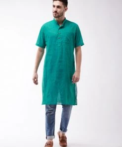 Vastramay Men's Solid Turquoise Pure Cotton Kurta