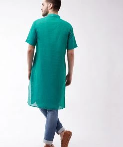Vastramay Men's Solid Turquoise Pure Cotton Kurta