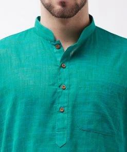 Vastramay Men's Solid Turquoise Pure Cotton Kurta