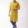 Vastramay Men's Solid Yellow Pure Cotton Kurta