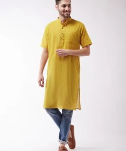 Vastramay Men's Solid Yellow Pure Cotton Kurta