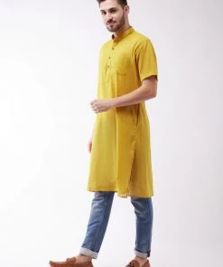 Vastramay Men's Solid Yellow Pure Cotton Kurta