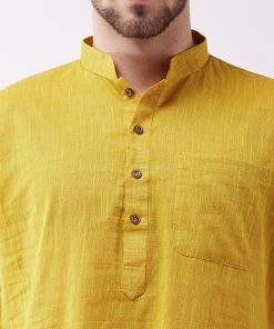 Vastramay Men's Solid Yellow Pure Cotton Kurta